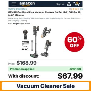 OXVAC Cordless Stick Vacuum Cleaner Amazon promo code E38E6HPT – 60% off