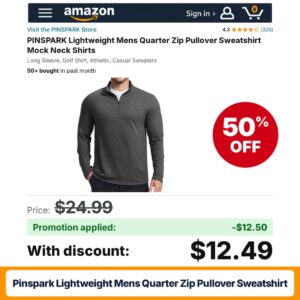 PINSPARK Lightweight Mens Quarter Zip Pullover Sweatshirt Amazon promo code 5DBOAQGY – 50% off