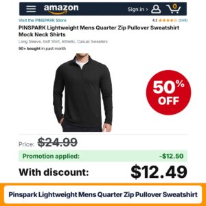 PINSPARK Lightweight Mens Quarter Zip Pullover Sweatshirt Black Amazon promo code 5DBOAQGY – 50% off