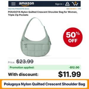 POIUGOYA Nylon Quilted Crescent Shoulder Bag Amazon promo code ITYO2YA6 – 50% off