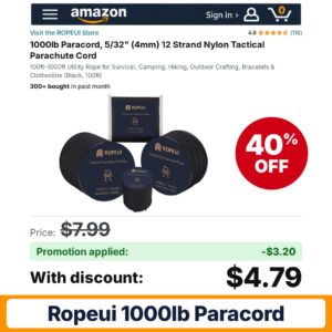 ROPEUI 1000lb Paracord Amazon promo code 9WW7SFDY – 40% off
