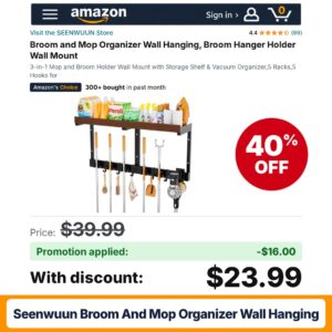 SEENWUUN Broom and Mop Organizer Wall Hanging Amazon promo code 4KR7SFT9 – 40% off