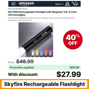 SKYFIRE Rechargeable Flashlight Amazon promo code 76V3LUGG – 40% off
