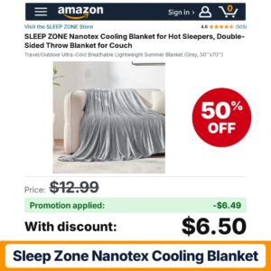 SLEEP ZONE Nanotex Cooling Blanket Amazon promo code FWJ9M0F6 – 50% off