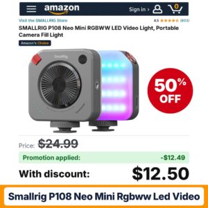SMALLRIG P108 Neo Mini RGBWW LED Video Amazon promo code JHHKS3O9 – 50% off