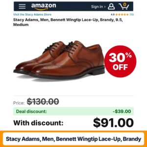Stacy Adams, Men, Bennett Wingtip Lace-Up, Brandy – 30% off