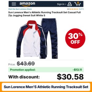 Sun Lorence Men's Athletic Running Tracksuit Set Amazon promo code TRACKSUIT30 – 30% off