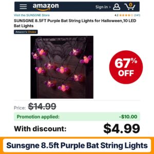SUNSGNE 8.5FT Purple Bat String Lights Amazon promo code JVIGIHSX – 67% off