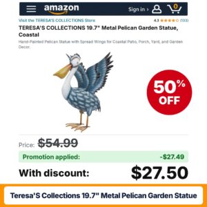 TERESA'S COLLECTIONS 19.7" Metal Pelican Garden Statue Amazon promo code UJQ204G5 – 50% off