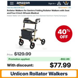 UNLICON Rollator Walkers Amazon promo code I4OLN79F – 40% off
