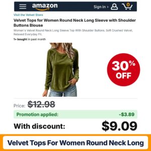 Velvet Tops for Women Round Neck Long Amazon promo code SBS7X2H4 – 30% off