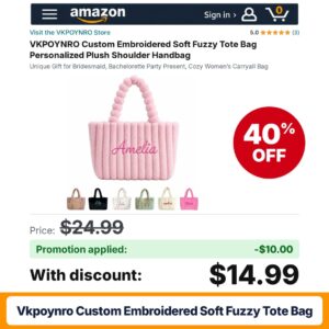 VKPOYNRO Custom Embroidered Soft Fuzzy Tote Bag Amazon promo code 4EOSW97S – 40% off