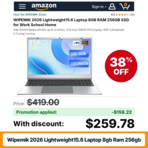 WIPEMIK 2026 Lightweight15.6 Laptop 8GB RAM 256GB Amazon promo code YMEDZZV8 – 38% off