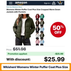 Wkishenl Womens Winter Puffer Coat Plus Size Amazon promo code GNOTILIO – 50% off