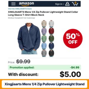 XINGJIAARTS Mens 1/4 Zip Pullover Lightweight Stand Amazon promo code SR3SBEKC – 50% off