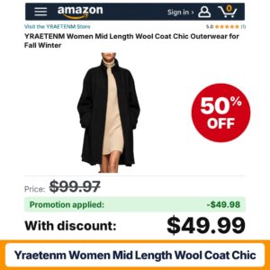 YRAETENM Women Mid Length Wool Coat Chic Amazon promo code MYER5566 – 50% off