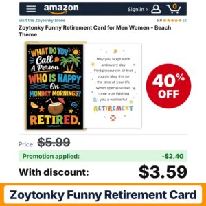 Zoytonky Funny Retirement Card Amazon promo code BA0HJ11B – 40% off